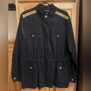 Lane Bryant utility jacket with gold-toned hardware and embellished shoulders.